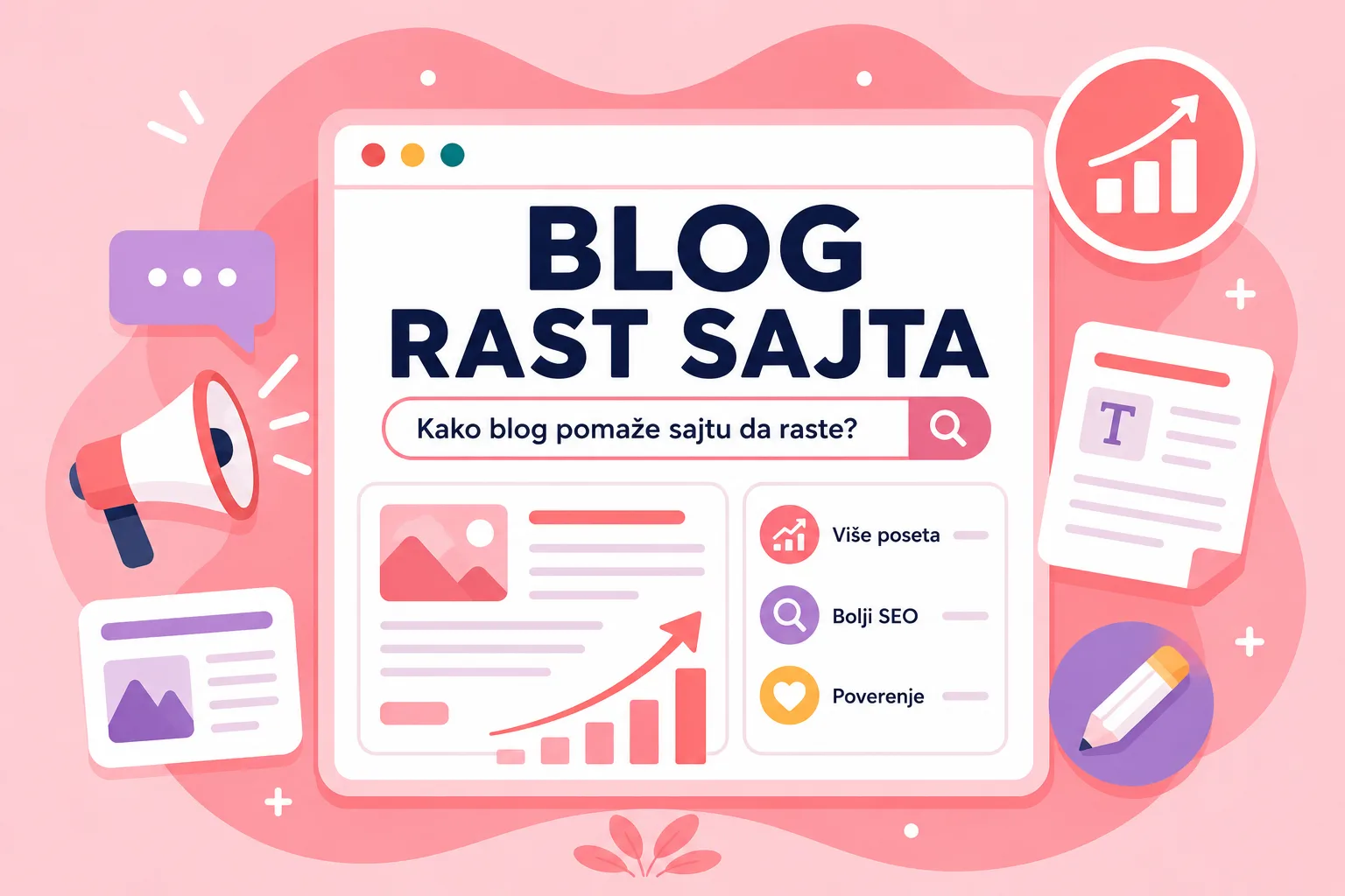 Ilustracija bloga koji pomaže rast sajta kroz više poseta, bolji SEO i veće poverenje korisnika
