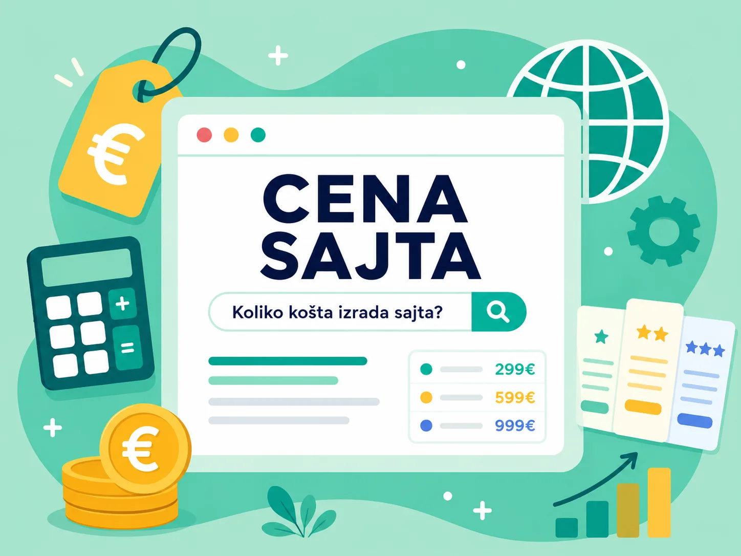 Ilustracija cene izrade sajta sa kalkulatorom, cenovnikom i različitim paketima za web sajt