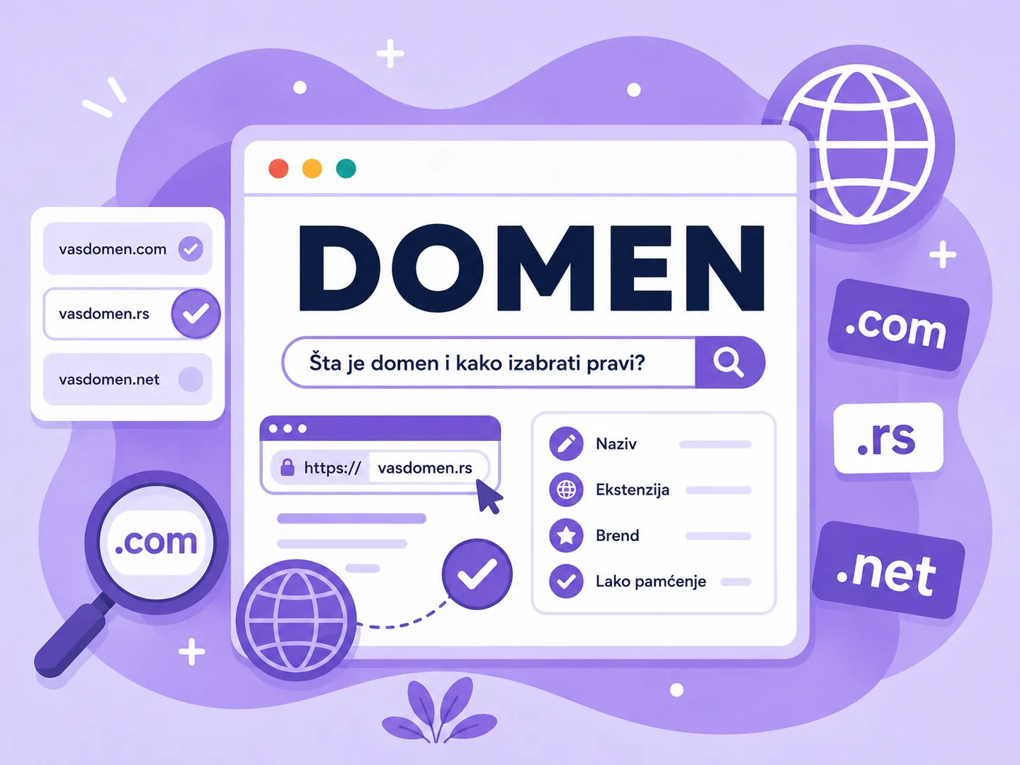 Ilustracija izbora domena sa primerima .com, .rs i .net ekstenzija za web sajt