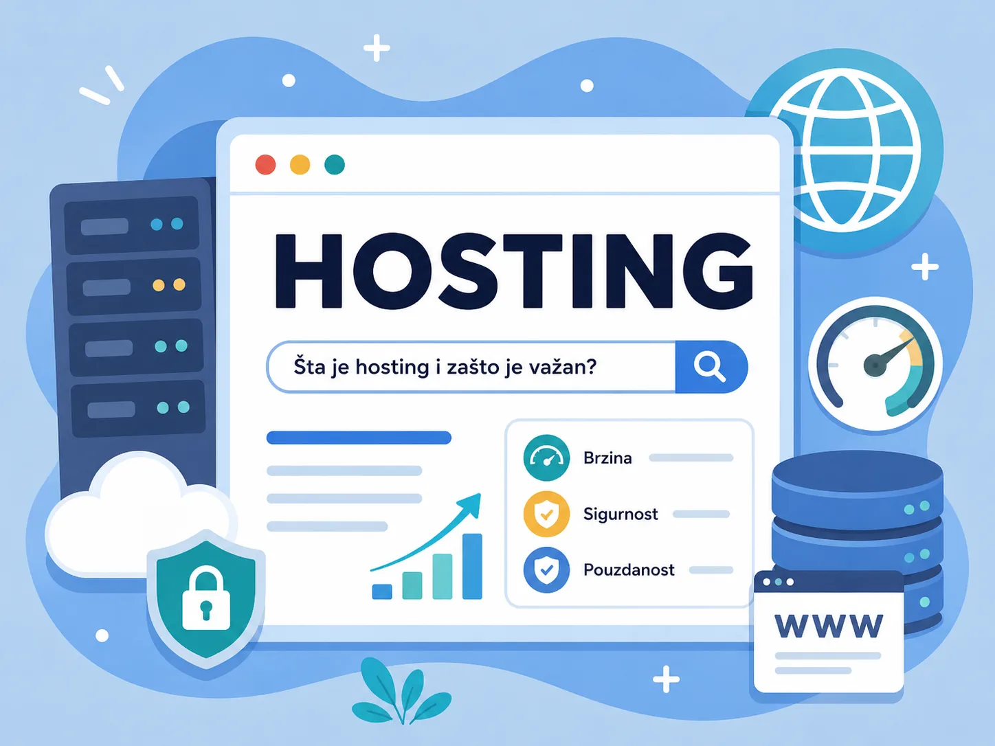 Ilustracija web hostinga sa serverima, sigurnošću, brzinom i pouzdanošću sajta