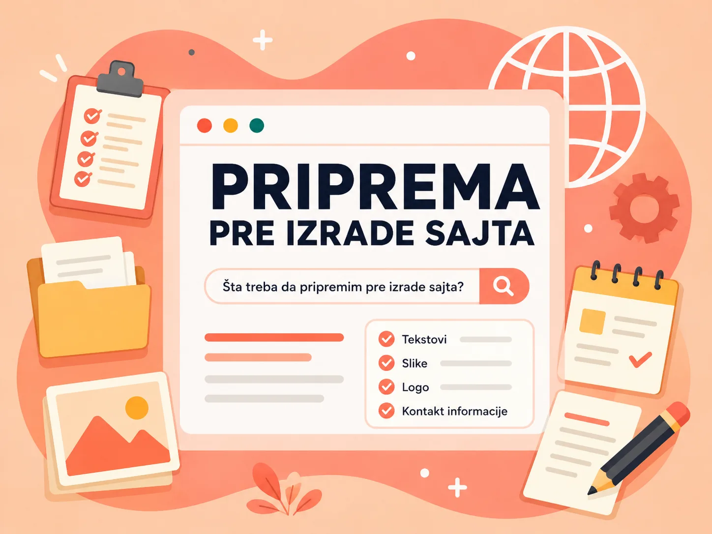 Ilustracija pripreme za izradu sajta sa listom zadataka, tekstovima, slikama, logoom i kontakt informacijama